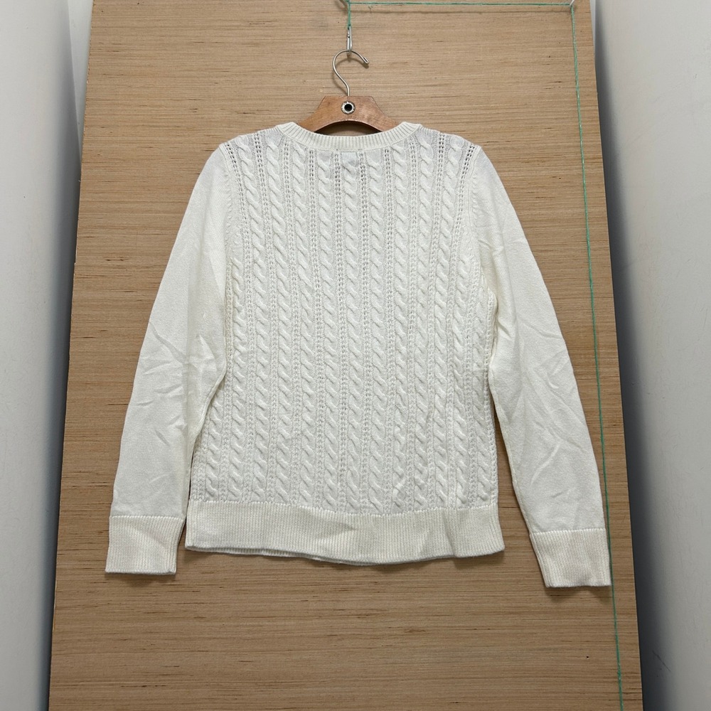Talbots Ivory Cable Knit Sweater Womens Medium Cream Shoulder Button Long Sleeve - Picture 4 of 7